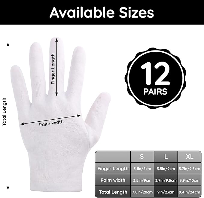 Segbeauty 24 Counts White Cotton Gloves, Large Thick Hand Gloves Moisturizing Overnight Sleeping for Dry Hands, 12 Pairs Washable Cotton Work Gloves, White Lotion Gloves Overnight for Men and Women