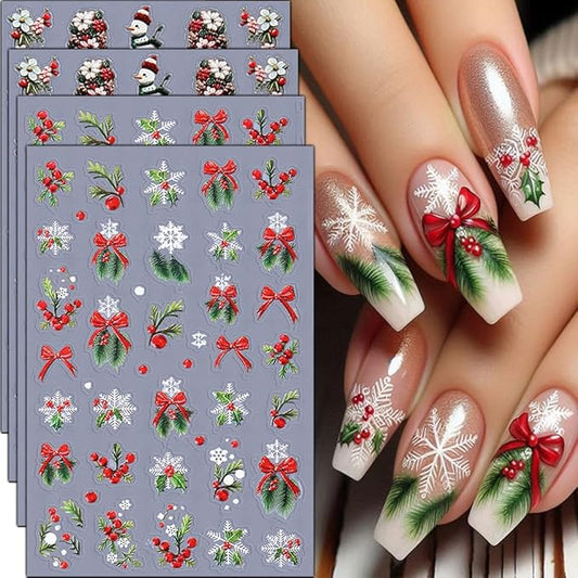 4Pcs Christmas Nail Stickers Red Bow Christmas Tree Leaf Nail Decals DIY Self Adhesive Snowflake Flower Group Cute Snowman Design Nail Decoration Supplies Holiday Manicure Accessories for Women