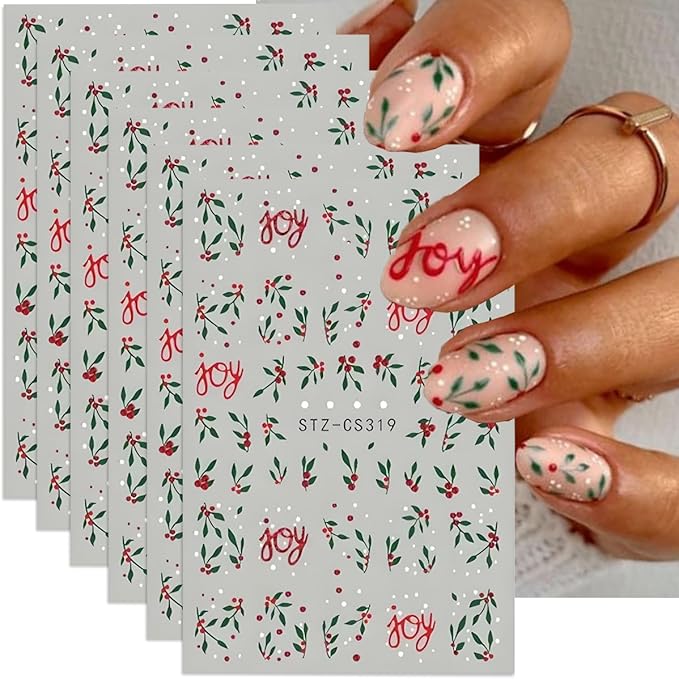 Christmas Nail Art Stickers Decals Red Green Holly Leaf Winter Nail Decals 6PCS Holly Leaves Joy Design 3D Self-Adhesive Xmas Nail Decals Nail Art Supplies for Holiday New Year Manicure Decorations