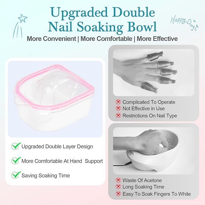 4 Pcs Soak Off Bowl Manicure Bowl, Double Layer Soaking Bowl, Nail Soaking Tray Soak Off Acrylic Nail Remover Dip Powder Acetone Removal Kit, Cuticle Pusher, Cuticle Peeler