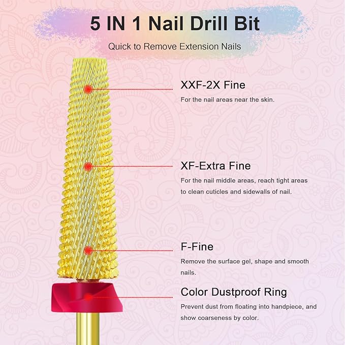 Depvko Super Long 5 in 1 Nail Drill Bits, 3/32'' Carbide Tungsten Bits, Two Way Rotate Professional Advanced Safety Bits for Nail, Fast Remove for Manicure Pedicure (Long 5in1-Gold, Fine-F)