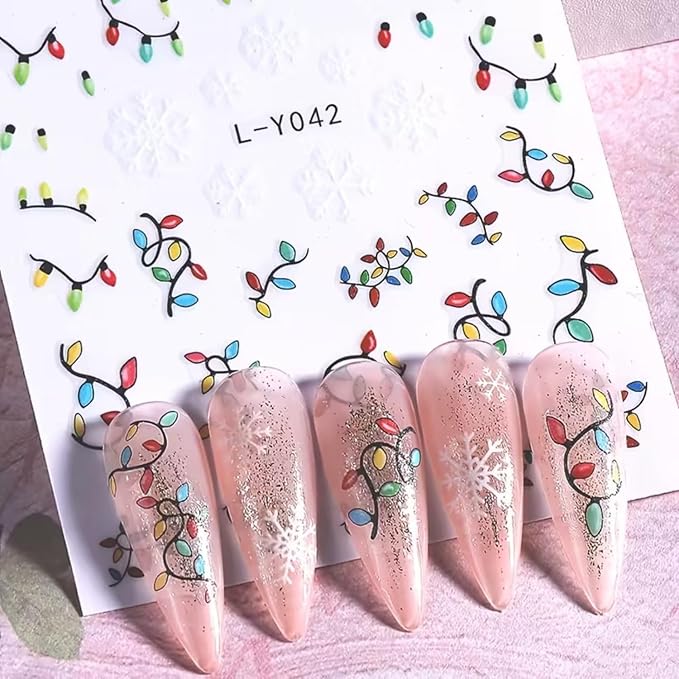 6PCS Christmas Nail Art Stickers Decals Gnome Santa Claus Nail Decals 3D Self-Adhesive Luminous Nail Stickers Christmas Tree Holly Light String Nails Designs Xmas Nails Supplies for Women Manicure