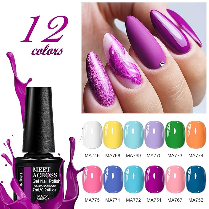 MEET ACROSS 12 Colors One Step Gel Polish, 3-in-1 Base Coat, Nail Color & Top Coat, One Step Gel Nail Polish Set Pink Purple Sky Blue Rainbow Colors Series 7ml