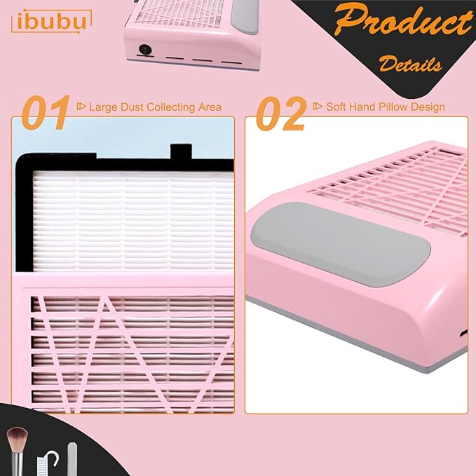 Professional Nail Dust Collector Machine - 80W Powerful Vacuum Cleaner with Multiple Tool Kits - Low Noise Pink