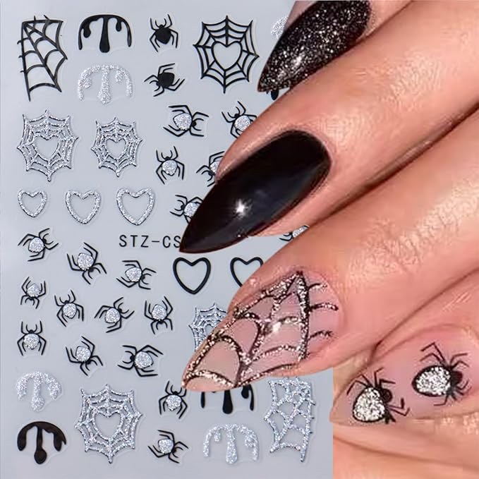 8 Sheets Spider Web Nail Sticker, Halloween for Nail Art Set - Halloween Nail Stickers Glitter Nail Spider Web Design Holographic 3D Self-Adhesive Slider Decals Manicure Art Decorations