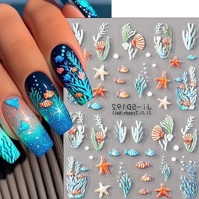 Flower Nail Stickers Summer Nail Decals Shell Nail Stickers for Nails Art Colorful Starfish Sea Turtles Corals Fish Design Ocean Nails Art Sticker for Women Decor Manicure Supplies 3 Sheet