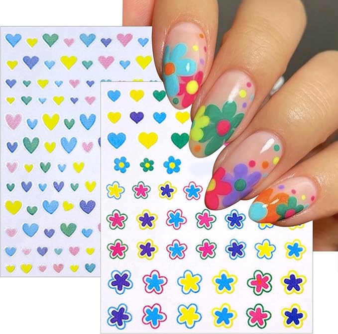 6 Sheets Sparkling Colorful Five-Pointed Star Nail Art Stickers 3D Self-Adhesive Heart Nail Sticker Colorful Summer Flower Design Nail Decals Supplies for Women Girls DIY Manicure Decoration