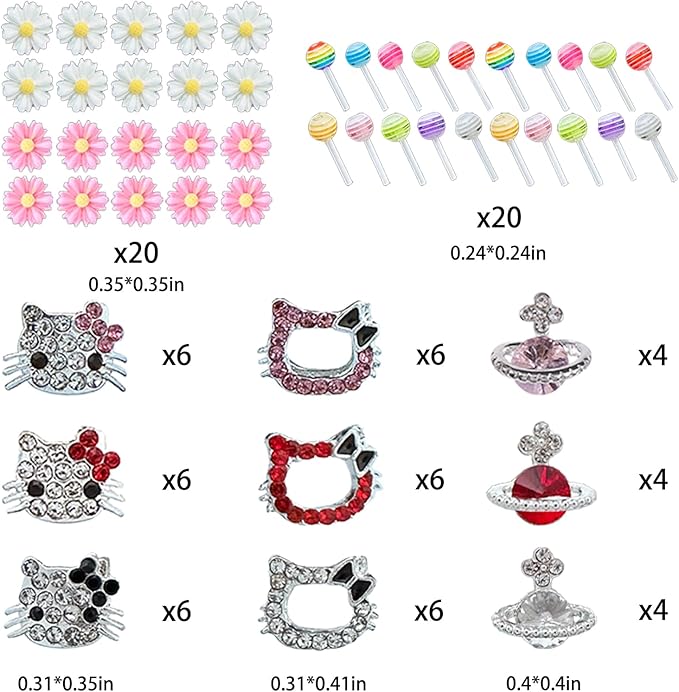 124PCS Nail Charms for Acrylic Nails - Silver Jewels Cat Bow Planet Gun Dollar Sign Star Cross Resin Flower Candy Accessories for Art Supplies Manicure Craft DIY