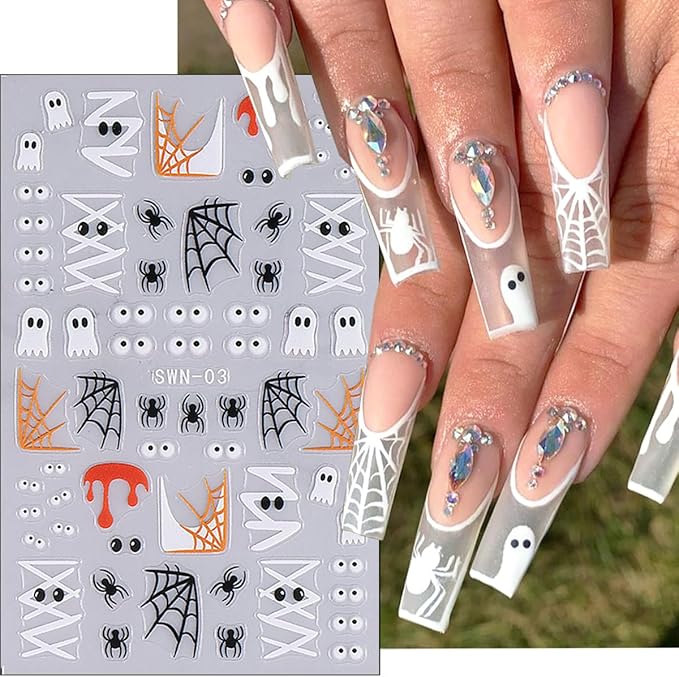 3Pcs Halloween Nail Stickers 5D Embossed Flower Ghost Nail Decals Spider Web Pumpkin Bandage Design Goth Spider Nail Art Stickers French Mummy Skeleton Nails Supplies for Women Holiday Manicure Decor