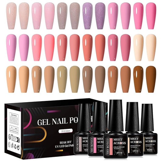 MEET ACROSS 18pcs Gel Nail Polish Set Soak Off UV LED Lamp Gel Nail Polish Kit (SET-12, 18pcs)