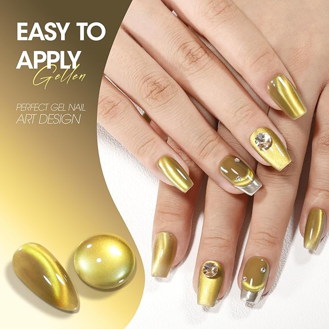 Gellen Cat Eye Gel Nail Polish, 18ml Gold Magnetic Gel Polish Brown Rainbow Glitter Holographic Nail Polish, Summer Gel Polish Soak Off UV Nail Gel DIY Nail Art Gift, Yellow