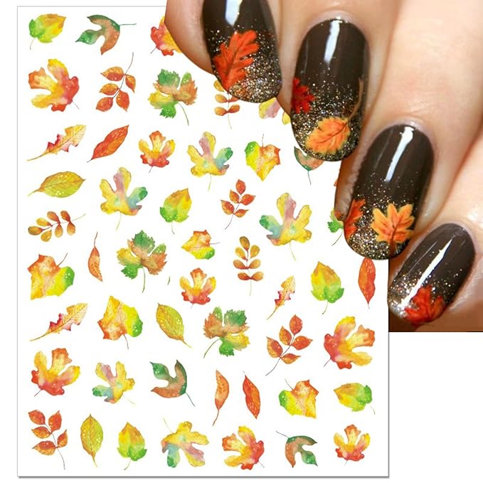 Fall Nail Art Stickers, Thanksgiving Day Laser Glitter Nail Decals, 3D Self-Adhesive Maple Ginkgo for DIY Nail Supplies Decoration(6 Sheets)