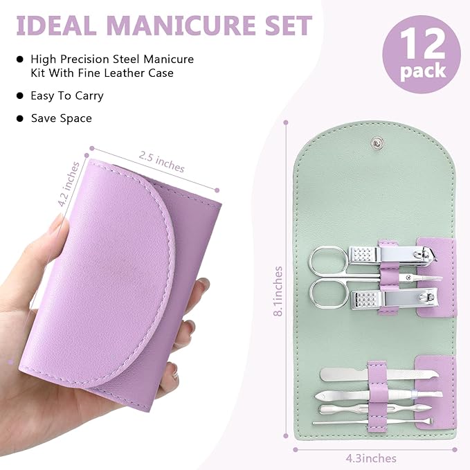 12 Set Manicure Set Bulk Mini Manicure Nail Clipper Kit 7 in 1 Stainless Steel Professional Nail Care Pedicure with Travel Portable Bag Grooming Kits for Christmas Women Men Home(Purple)