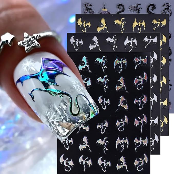 Halloween Nail Art Stickers Decals Metal Dragon Nail Decals Self-Adhesive Shiny Gold Silver Black Laser Dragon Nail Art Design Sticker Festival Fall Nail Stickers for DIY Manicure Decorations 4PCS