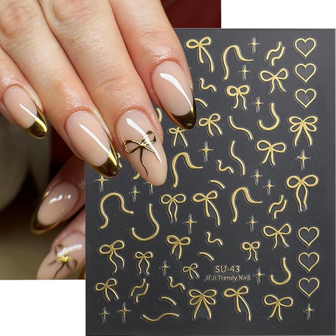 6Sheets Bow Nail Stickers for Nail Art Glitter Red Gold Bows Nail Decals Aurora Cute Nail Art Stickers 3D Self Adhesive Nails Design Charms Supplies for Women Girls Manicure Decorations