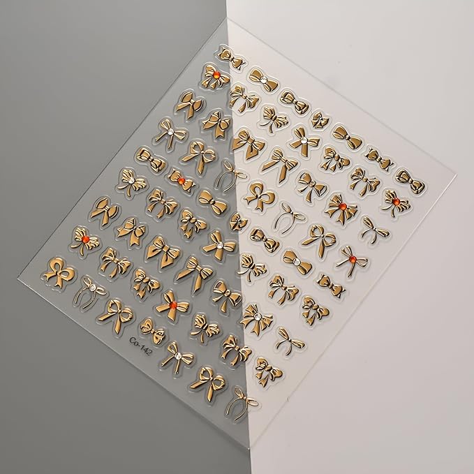 Gold Nail Stickers Gold Bow Nail Stickers for Nail Art 5D Self-Adhesive Nail Decals with Rhinestones Design Bow Nails Art Supplies Decoration Accessories for Women and Girls