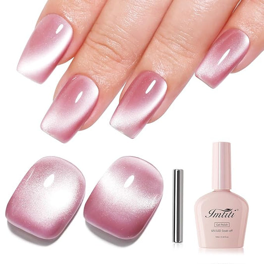 Imtiti Moonlight Pink Cat Eye Gel Nail Polish with Magnet, Holographic Glitter Shimmer Magnetic UV Gel Polish for Nail Art Soak off UV Led