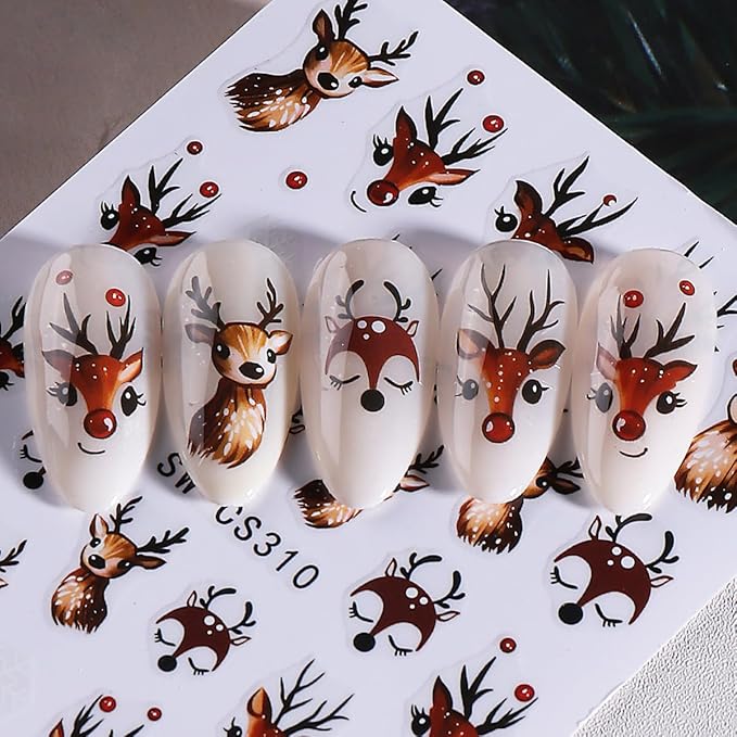 Christmas Nail Art Stickers 3D Self-Adhesive Cute Elk Gift Xmas Nail Decals Nail Art Supplies 6PCS Deer Candy Cane Gingerbread Man Cartoon Christmas Nails Design Manicure Slider Accessories for Women