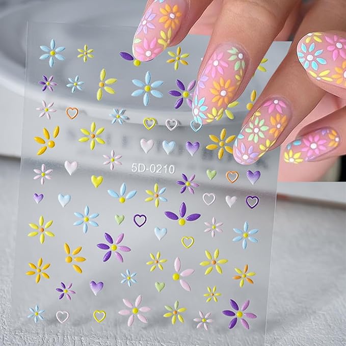 Stickers para Uñas Nail Stickers Self-Adhesive Sticker para Uñas Colorful 3D Flower Embossed Calcomanías Stickers Art Design Accessories Hight Quality 8 Sheets