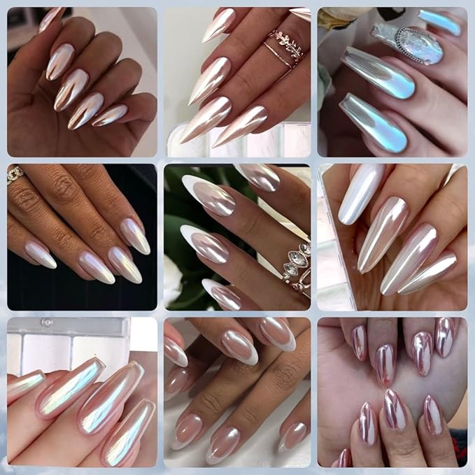 2 Boxes White Pearl Chrome Nail Powder, Moonlight Mirror Effect Metallic Powders Aurora Magic Pearlescent Nail Powder for Manicure Decorations