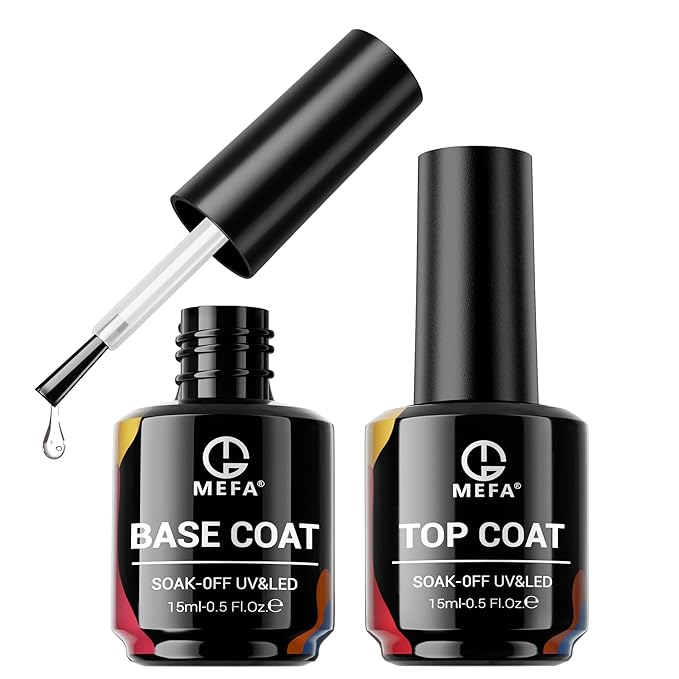 MEFA 2 Pcs 15ml Gel Top Coat and Base Coat Set, No Wipe Gel Nail Polish Base and Top Coat, Long Lasting Glossy Shine Effect Soak Off LED Nail Lamp Top Base Coat Nail Art DIY Manicure Holiday Gifts