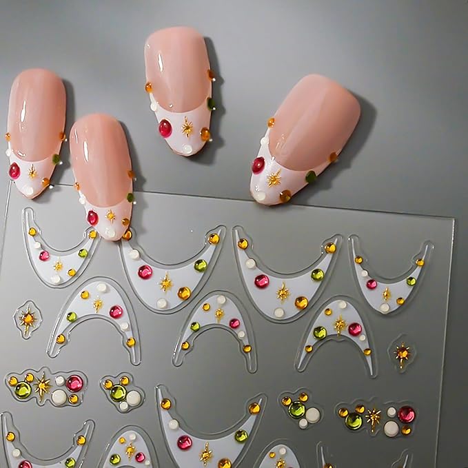 1 Sheets White French Tip Nail Decals for Nail Art 5d Star Diamond Nail Stickers Embossed French Tips Nail Art Stickers Self-Adhesive Colorful Rhinestones Stars Nail Design Sticker for Women