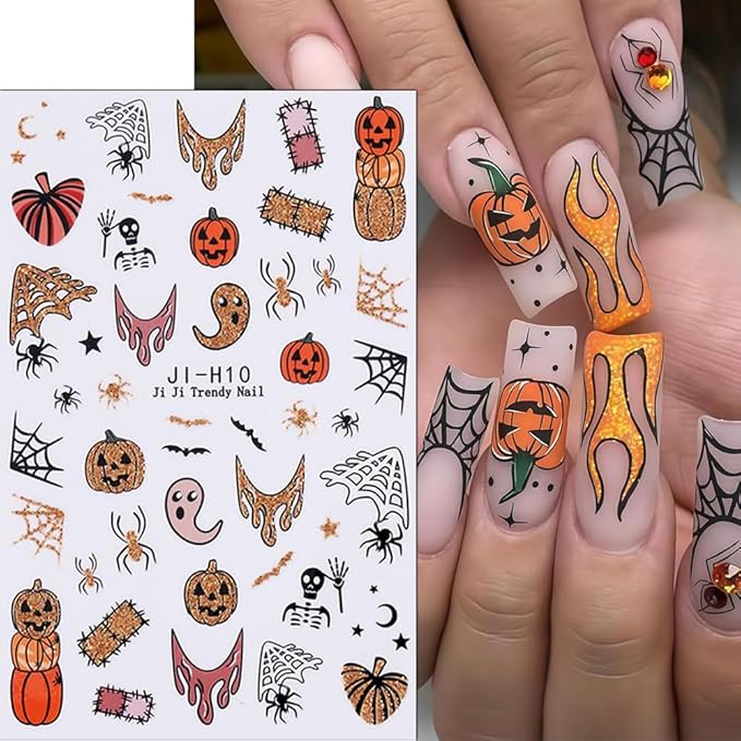 Halloween Nail Stickers Glitter Gold Spider Web Ghost Pumpkin Nail Decals 3D DIY Self Adhesive Nail Design Sticker Halloween Nail Decoration Supplies Holiday Manicure Accessories for Women Girls 6Pcs