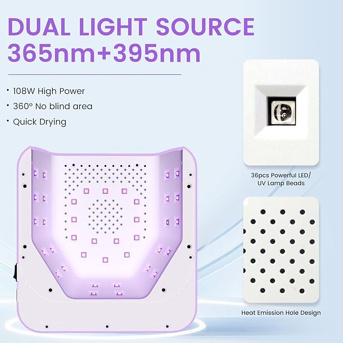 Subay UV Nail Lamp 108W, UV Light for Gel Nail Polish, Cordless LED Nail Lamp with 36 Beads & Touch Display, Nail Light with 4 Timer Mode & Auto Sensor, Fast Curing Nail Dryer for Salon & Home, Purple