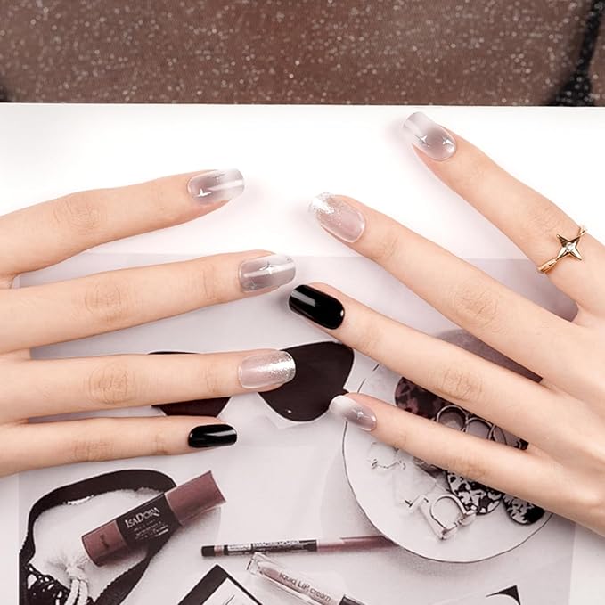 20pcs Semi Cured Gel Nail Strips, Real Nail Polish Art Stickers, Dark Star Gel Nail Stickers - Work with Any UV Lamp, Long Lasting Full Wraps with Nails File and Stick