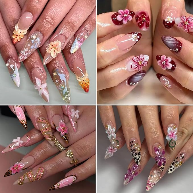 Flower Nail Stickers for Nail Art 5D Embossed Spring Summer Lily Hawaiian Flower Adhesive Nail Stickers Floral Nail Decals Summer Flowers Nails Design Manicure Supplies para Uñas Decor 4Pcs