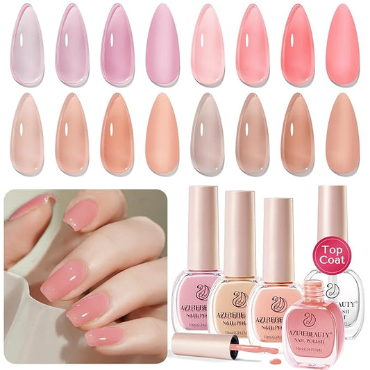 AZUREBEAUTY Jelly Nail Polish Set Quick Dry Transparent Nude Pink Purple Brown 4 Colors Sheer Natural Nail Lacquer Fingernail Kit with Top Coat Nail Polish DIY Salon Home