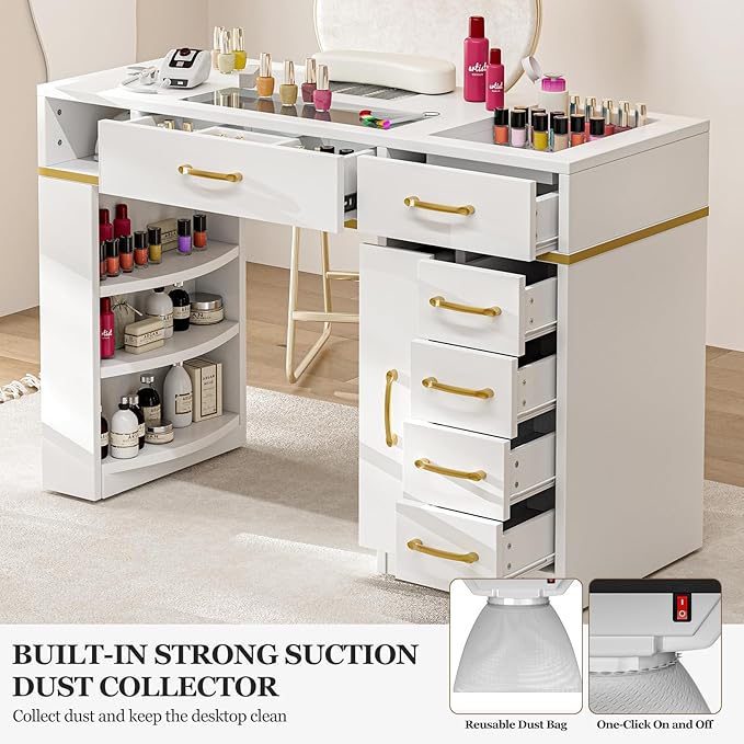 Paddie Manicure Table with Dust Collector, Glass Top Nail Tech Table Nail Desk Station w/7 Storage Drawers & 3-Tiers Open Shelves, Nail Beauty Workstation w/Wrist Cushion & Golden Handles(White Color)