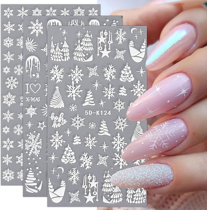 JMEOWIO 3D Embossed Christmas Snowflake Holiday Nail Art Stickers Decals Self-Adhesive 5D Nail Supplies Nail Art Design Decoration Accessories 3 Sheets
