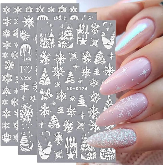JMEOWIO 3D Embossed Christmas Snowflake Holiday Nail Art Stickers Decals Self-Adhesive 5D Nail Supplies Nail Art Design Decoration Accessories 3 Sheets