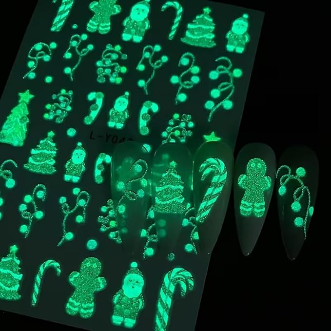 6PCS Christmas Nail Art Stickers Decals Gnome Santa Claus Nail Decals 3D Self-Adhesive Luminous Nail Stickers Christmas Tree Holly Light String Nails Designs Xmas Nails Supplies for Women Manicure