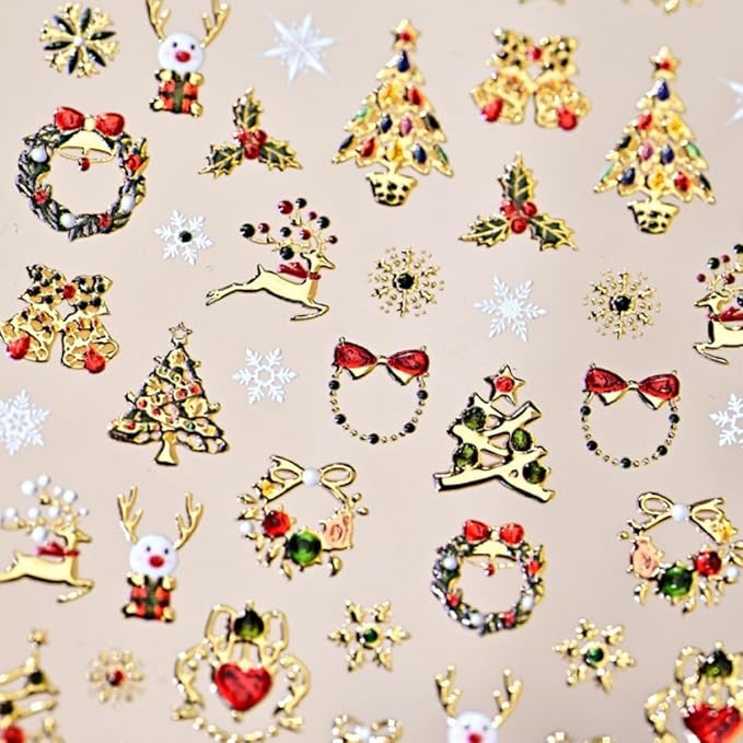 Christmas 5D Embossed Nail Sticker Gold Snowman Reindeer Xmas Tree Nail Designs Self Adhesive Nail Decals Snowflake Nail Art Sticker for Nails Decoration Supplies for Women Girls DIY Manicure