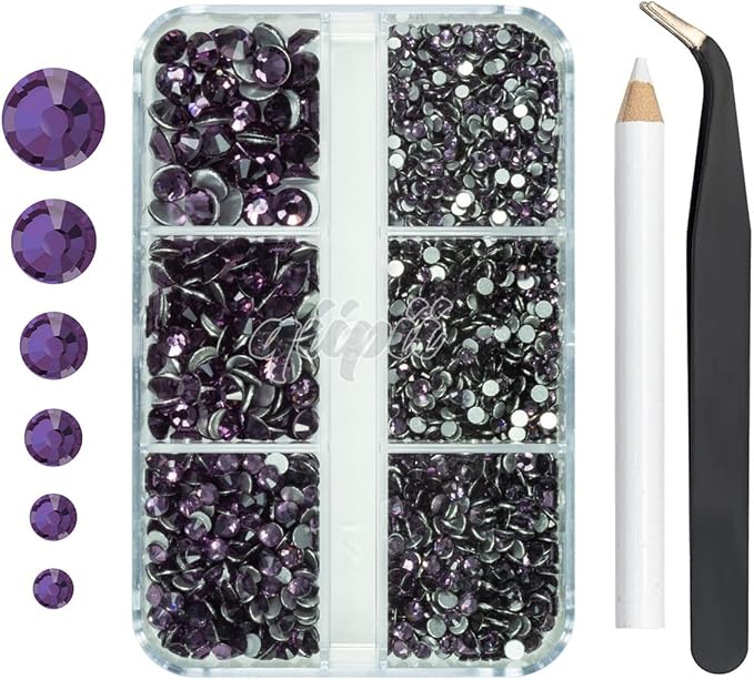 2550pcs Purple Nail Art Flatback Rhinestones for Face Makeup Tanzanite Purple Nail Gems Gemstones K9 Glass SS4SS20 6 Sizes Diamonds Stones Crystals w Tweezer & Picking Pen for DIY Crafts