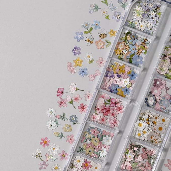 300Pcs 3D Flower Nail Art Charms Sequins Decals Colorful Mixed Flowers Leaves Butterfly Design Slice Nail Flowers Ultra Wood Pulp Flakes Sequins 1