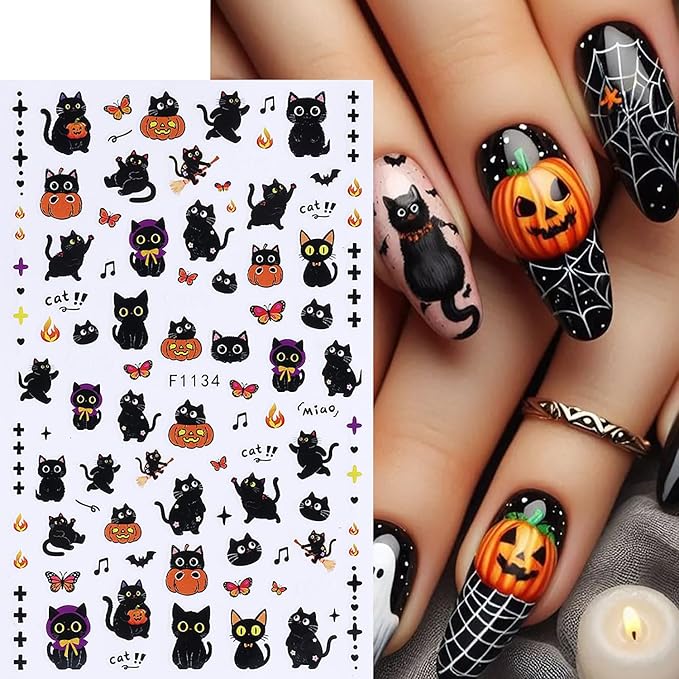 6 Pcs Halloween Nail Art Stickers,Cute Bear and Cat 3D Self-Adhesive Nail Decals with Designs Skull Pumpkin Nail Decorations Halloween DIY Manicure Supplies for Women Girls