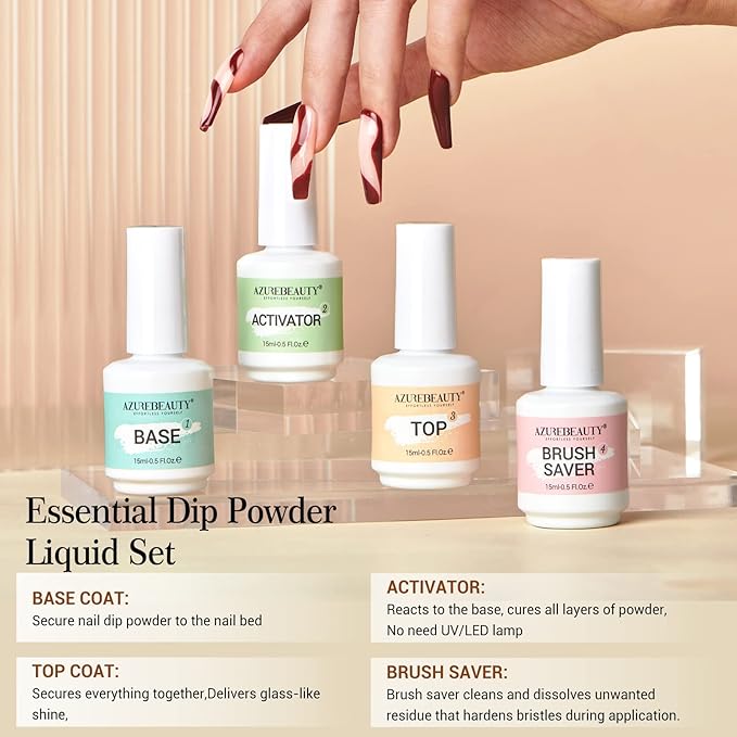 AZUREBEAUTY Dip Powder Liquid Set 15ml/0.5oz 8 Pcs Dipping Base Activator and Top Coat Brush Saver Nail File Necessary Tools for Dip Kit No Lamp Needed