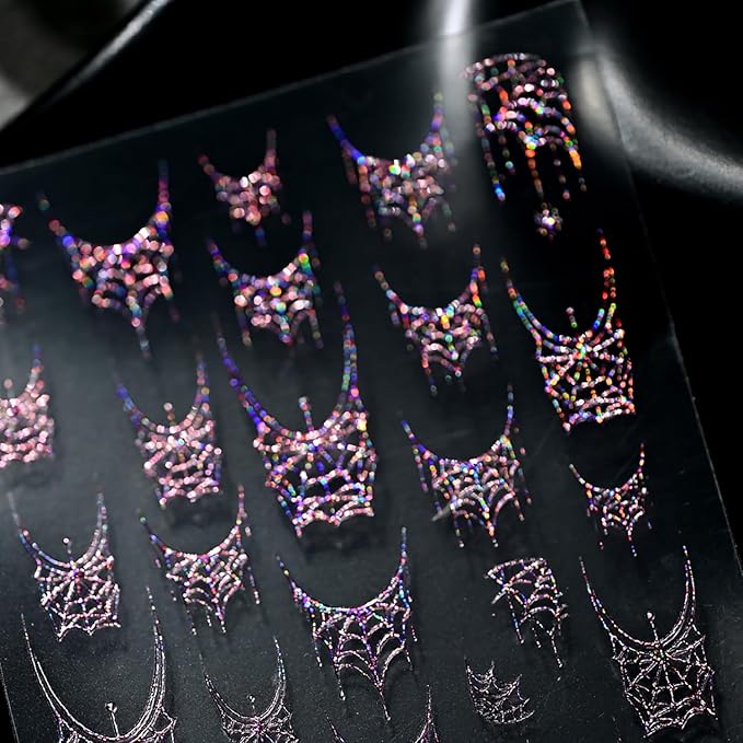 1 Sheets Halloween Nail Stickers for Nail Art 5D Self-Adhesive Embossed Pink Spider Web Nail Art Stickers Halloween Spider Web Nail Decals Glitter Nail Design Sticker for Women DIY Nails Decoration