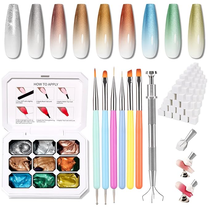 Sponge Pat Paint Nail Gel & Tools Kit, 9 Colors Ombre Nails Gradient Gel Nail Blush Blooming Aura Nails Drawing Stripper Floral Painting Nail Art, No Wipe, UV/LED Curing (9 Colors Set L)
