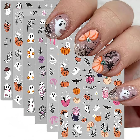 Halloween Nail Stickers for Nail Art, Ghost Nail Decals Cute Ghost Skull Spider Web Bat Pumpkin 3D Self-Adhesive Sticker Nail Art Design Holiday Manicure Decoration Supplies Nail Art Stickers 6 Sheets