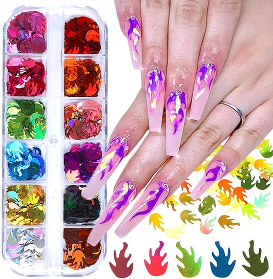 12 Colors Fire Glitter Sequins Shape Flakes Nail Art Designs Stickers Laser 3D Glitters Decor Women Girls Holographic Nail Accessories Shine Decorations