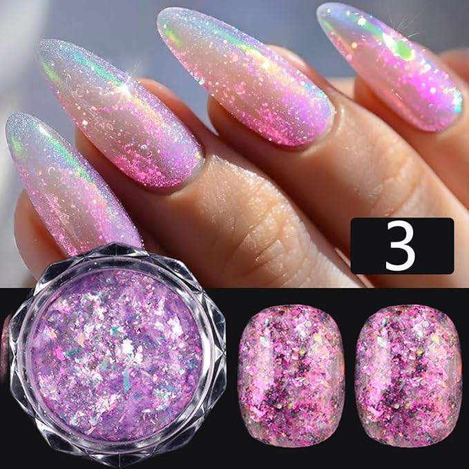 4 Jars Mermaid Flake Nail Glitter Sequins, Holographic Opal Powder, Iridescent Ice Crystal Mermaid Nail Art Pigment Sparkly Glitter for DIY Manicure Decorations