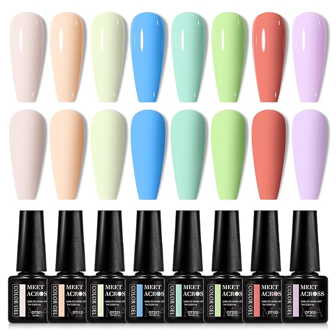 MEET ACROSS Gel Nail Polish Set, 8PCS Macaron Gel Nail Polish Kit, Soak Off UV/LED Nail Polish Nail Art Design Salon Home Gifts for Women