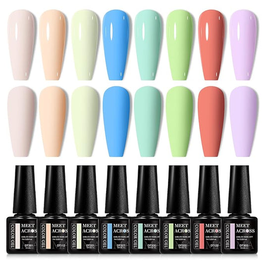 MEET ACROSS Gel Nail Polish Set, 8PCS Macaron Gel Nail Polish Kit, Soak Off UV/LED Nail Polish Nail Art Design Salon Home Gifts for Women