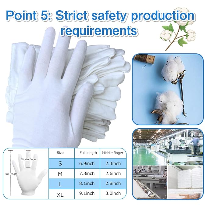 24pcs White Cotton Gloves, Cotton Gloves Eczema for Dry Hands White Gloves Women and for Men Washed Glove Liners for Spa Lotion Coin Jewelry Silver Inspection(XL)