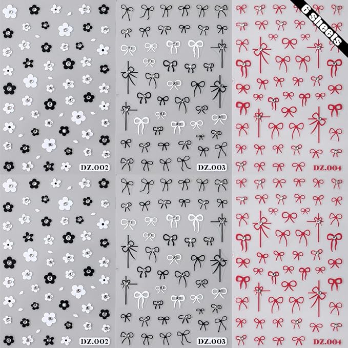 6 Sheets Rhinestones Bow Nail Stickers for 3D Self-Adhesive Flower Nail Art Decals With Glitter Design Red Black Acrylic Nail Art Supplies for Women DIY Manicure