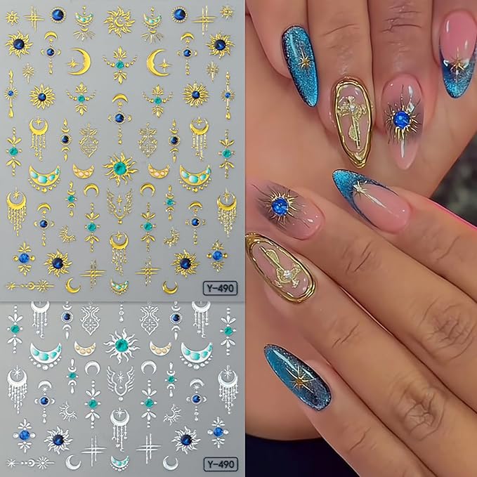 6 Sheets Hot Stamping Gold & Silver Star Nail Art Stickers 3D Self -Adhesive Moon Stars Nail Decals Holographic Pendant Vintage Moon Nail Stickers Unique Nail Decoration for Women Manicure Supplies